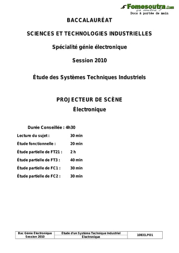 Sujet et corrigé Projecteur de Scène - Étude des système techniques industriels - Terminale F2