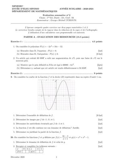 Maths 2020 2021 Evaluations 1ère A4 Cameroun by Tehua