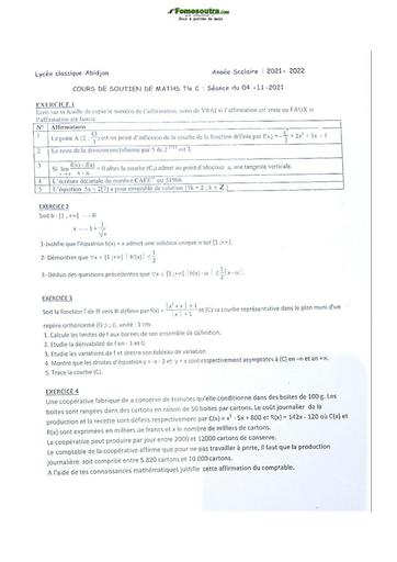 Devoir de Mathématique Terminale C Lycée Classique Abidjan 2021-2022