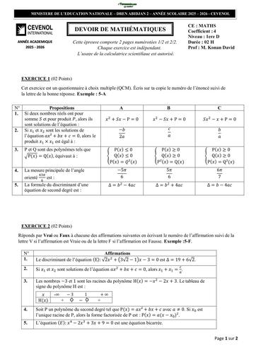 SUJET 1ière D Devoir Maths 1ere D 25 26 Trim1 BY TEHUA
