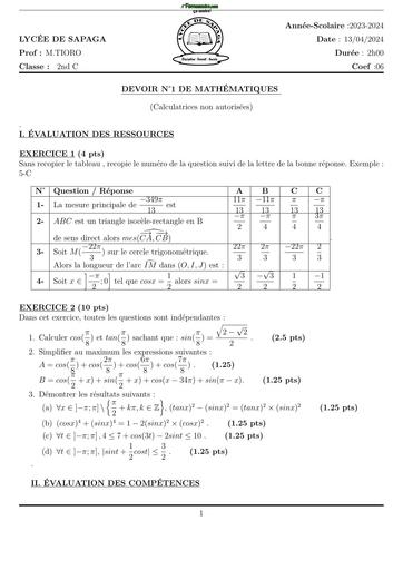 DEVOIR DE MATHS  NIVEAU 2nde C LYCEE DE SAPAGA 2024 N°1 trimestre 3 BY TEHUA