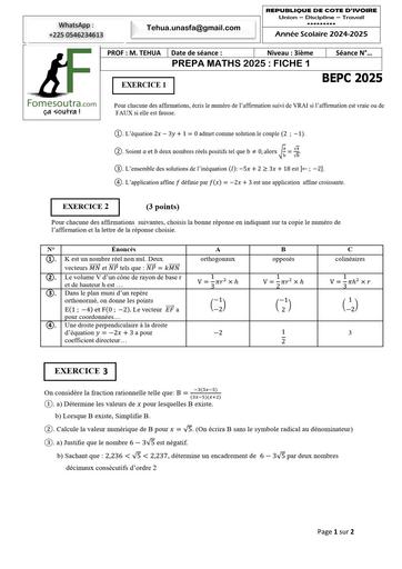 PREPA BEPC 2025 NOE MATHS AVRIL 2025 FICHE 1 BY TEHUA
