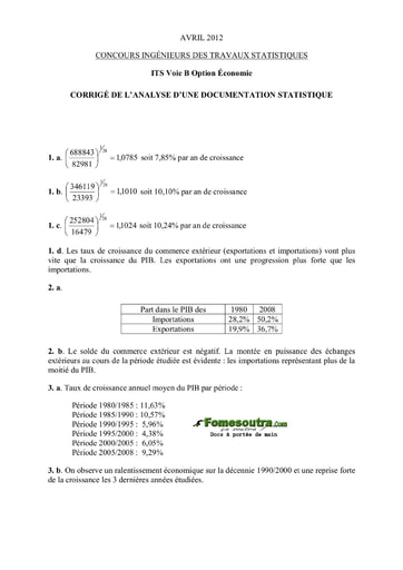 Corrigé Analyse d'une Documentation Statistique ITS B option Economie 2012 (ENSEA)