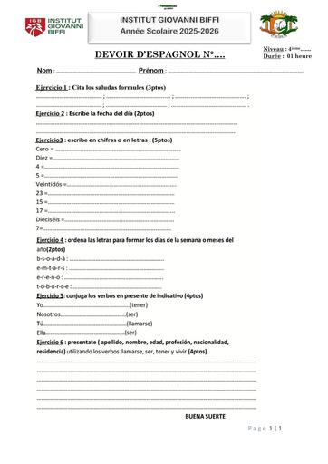 DEVOIR D’ESPAGNOL N°1 4ième INSTITUT GIOVANNI BIFFI Octobre 2025 by TEHUA
