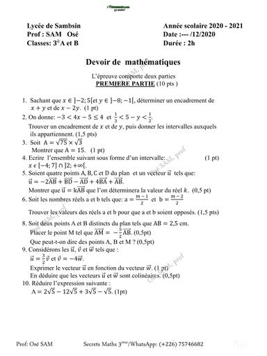 DEVOIR DE MATHS 3ème   D2T1   2020   Lycée de Sambsin by TEHUA