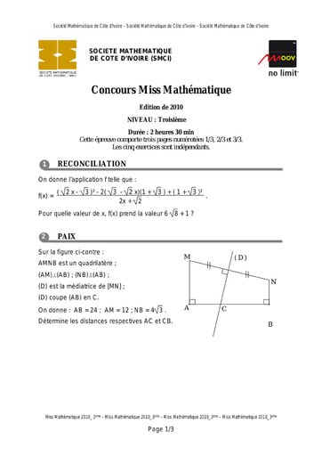 Miss Maths 2010 Niveau 3eme