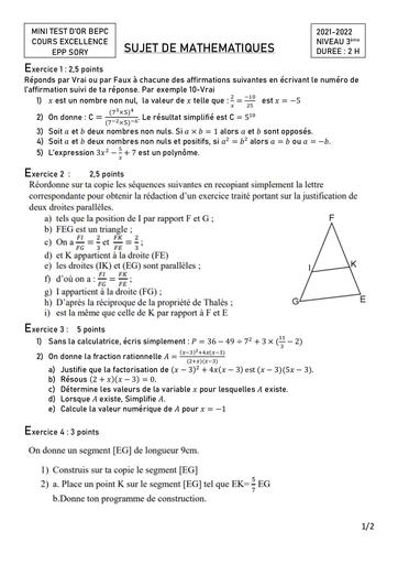 DEVOIR MATHS TEST NIVEAU 3eme LECONS 1 et 2 By DJAHA
