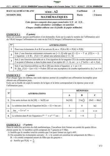 BAC BLANC 2026 MATHS SERIE A2 SUJET Grand bassam BY TEHUA