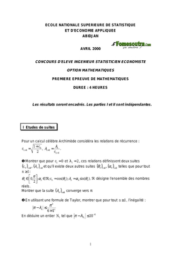 Sujet 1ère épreuve de maths ISE option maths 2000 (ENSEA)