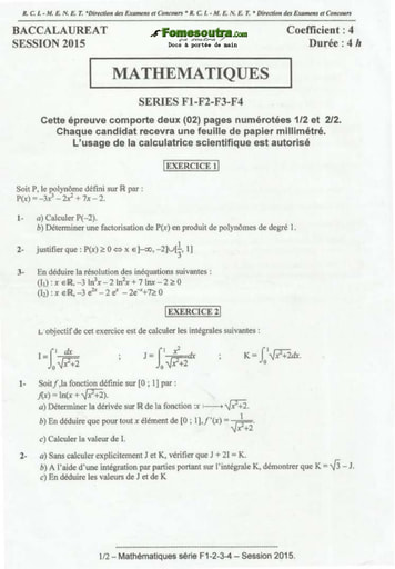 Sujet de Maths BAC  F1, F2, F3, F4  2015