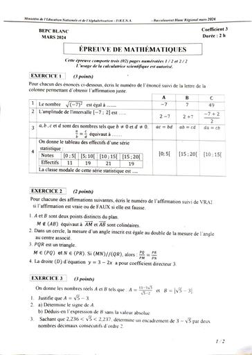 Sujet BEPC BLANC 2024 Maths DREN Abidjan 4 by Tehua