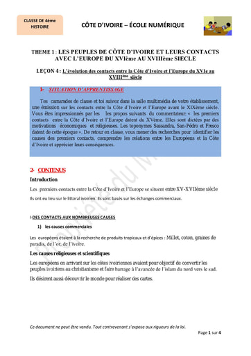 L’évolution des contacts entre la Côte d’Ivoire et l’Europe du XVIe au XVIIIème siècle - Cours d’Histoire niveau 4eme