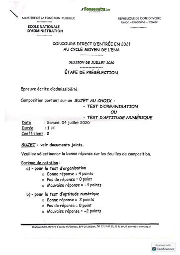 Concours ENA 2021 Cycle moyen présélection EPREUVE TEST D'ORGANISATION OU TEST D'APTITUDE NUMERIQUE BY TEHUA