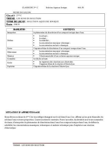 FCICHE DE COURS PC 2nde C  L1  Solution aqueuse ionique by TEHUA