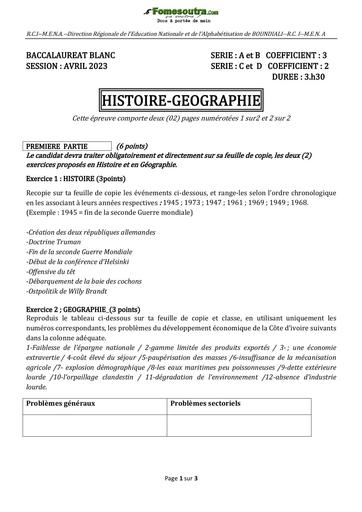 Sujet corrigé Histoire-Géographie BAC blanc Régional 2023 Série  A C D blanc 2023 - Boundiali
