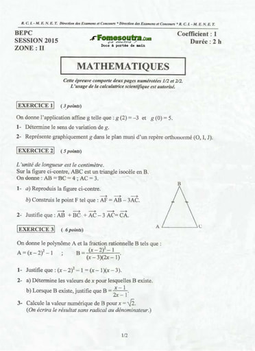 Sujet Corrigé de mathématique BEPC 2015 Zone 2