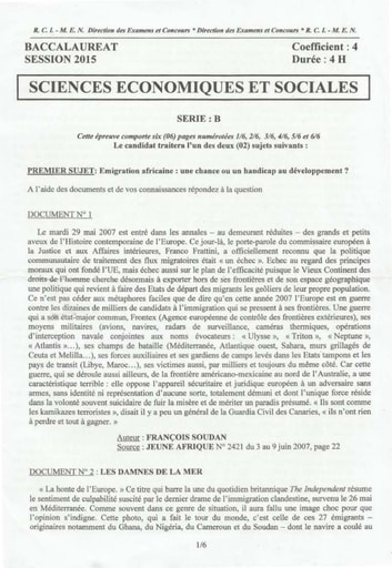 Sujet de Sciences économiques et sociales BAC B 2015