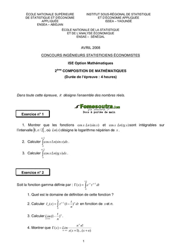 Sujet 2ème épreuve de maths ISE option maths 2008 (ENSEA - ISSEA - ENSAE)