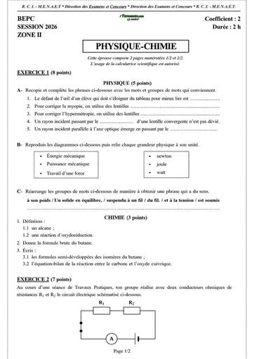 Bepc 2026 PC zone 2 sujet by Tehua
