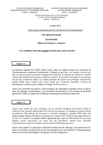 Sujet Economie ISE option économie 2013 (ENSEA - ISSEA)