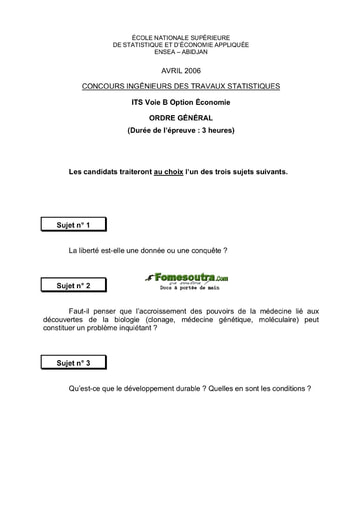 Sujet d'ordre générale ITS B option Economie 2006 (ENSEA - ISSEA - ENSAE)