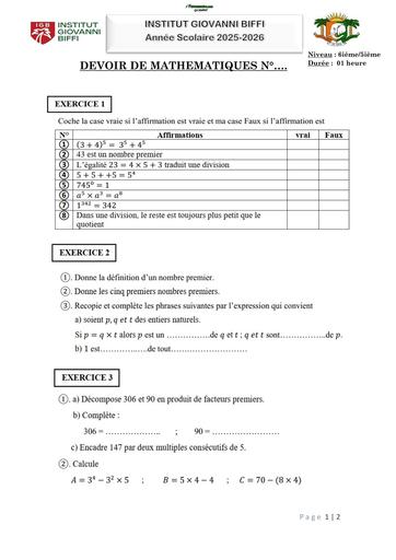 DEVOIR DE MATHS N°1 6ième 5ième INSTITUT GIOVANNI BIFFI Octobre 2025 by TEHUA
