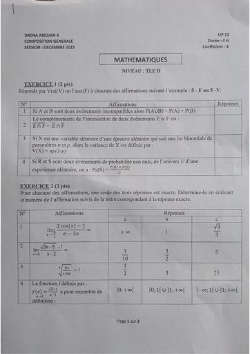 Sujet Maths essaie Tle D provincial 2023 by Tehua