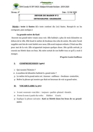 Devoir Grammaire Orthographe Niveau 6ème