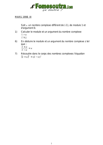 Sujet de Maths ASECNA mars 1998 III et IV