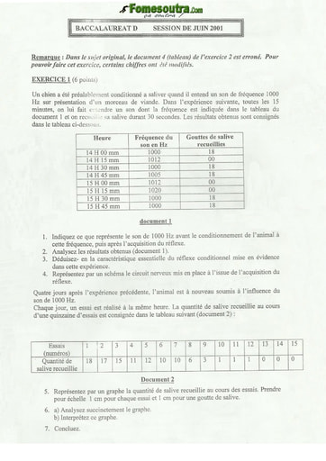 Sujet de SVT BAC D 2001