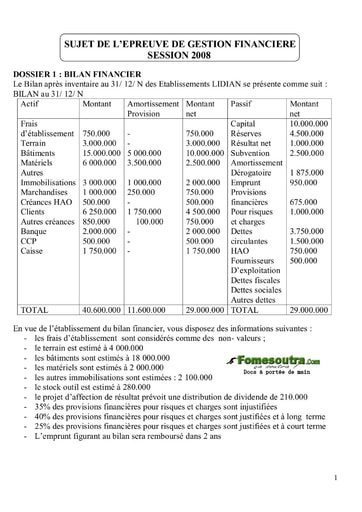 Sujet corrigé de Gestion Financière BTS Finances Comptabilité et Gestion d’Entreprises 2008