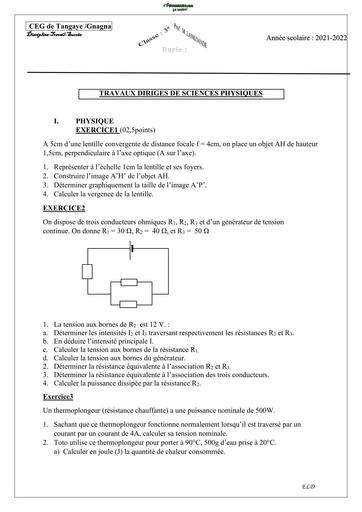 TRAVAUX DIRIGES DE SCIENCES PHYSIQUES 2022 niveau 3ième by Tehua