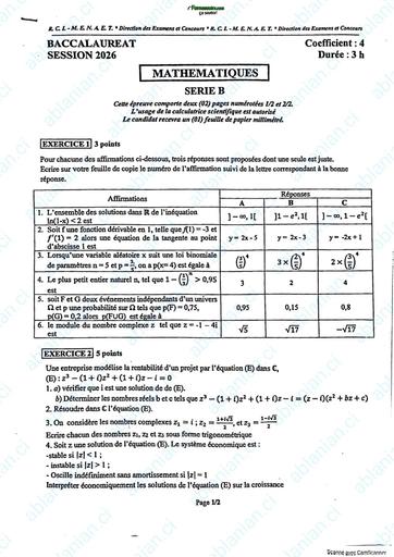 BAC 2026 Maths série B sujet+ barème RCI By TEHUA