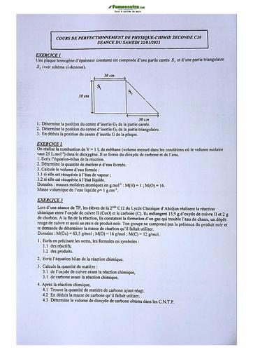 Sujet de Physique-Chimie Seconde C Lycée Classique Abidjan 2022