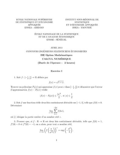 Sujet de Calcul numérique ISE option maths 2013 (ENSEA - ISSEA - ENSAE)