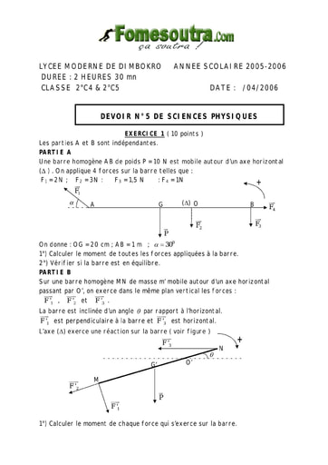 Devoir 4 de Physique-Chimie niveau 2nd C