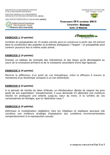 Sujet de Biologie concours ITA 2013