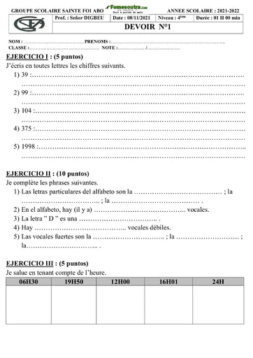 Devoir d'Espagnol 4 ième 2021-2022