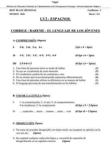BEPC BLANC 2026 ABJ 4   LV2 ESPAGNOL   Corrigé