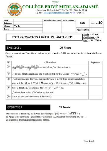 INTERROGATION DE MATHS NIVEAU Tle D (DERIVABILITE) NOVEMBRE 2025 by TEHUA