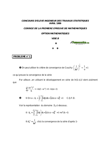 Corrigé 1ère épreuve de maths ITS B option Maths 1999 (ENSEA)