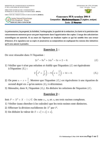 Sujet de Mathématique 7 concours ITA 2014