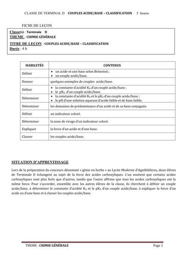 FICHE DE COURS CHIMIE Tle D L4  COUPLE  ACIDE  BASE