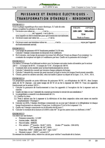 Puissance et énergie électriques - transformation d’énergie - rendement -  Activité 3ème