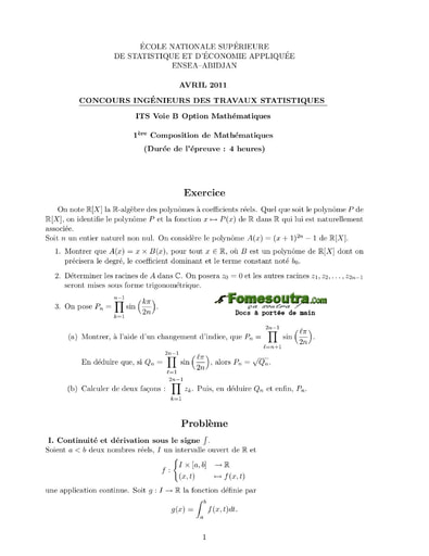 Sujet 1ère épreuve de maths ITS B option Maths 2011 (ENSEA)