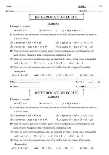 Interrogation écrite maths N°2 niveau 3ième (calculcul littéral 3ème) septembre 2025 by Tehua