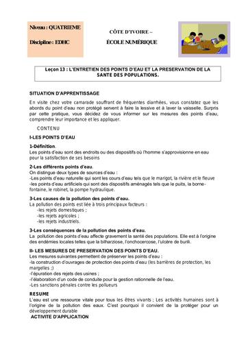 EDHC 4ème L 13 L’ENTRETIEN DES POINTS D’EAU ET LA PRESERVATION DE LA SANTE DES POPULATIONS