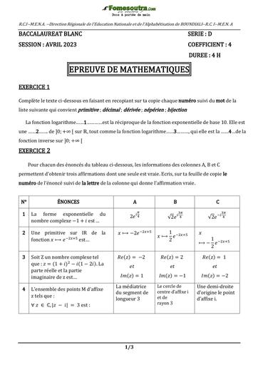 Sujet de Mathématiques du BAC blanc Régional 2023 Série D 2023 Boundiali