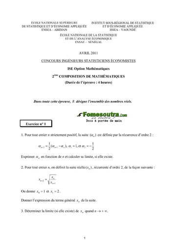 Sujet 2ème épreuve de maths ISE option maths 2011 (ENSEA - ISSEA - ENSAE)