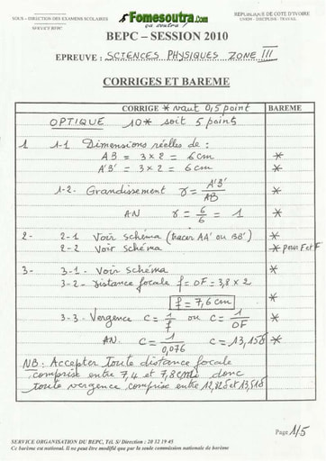 Corrigé de Physique Chimie BEPC 2010 zone 3